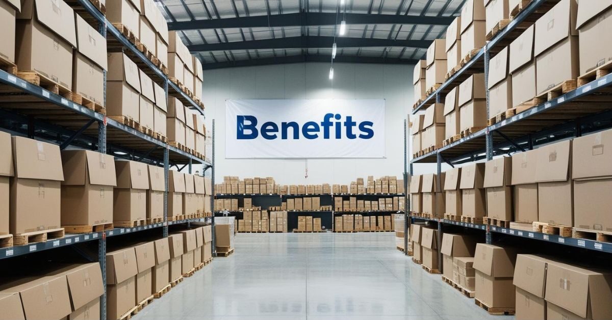 Imagen de un almacén organizado con estanterías y cajas en movimiento Centro logístico optimizado que mejora la eficiencia y reduce tiempos de entrega.