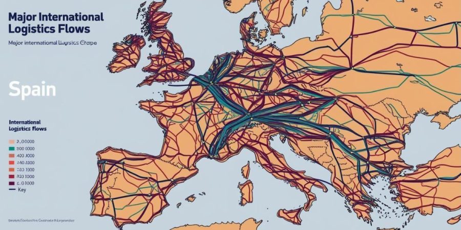Mapa de Europa con flujos logísticos internacionales que atraviesan España hacia el norte y el Mediterráneo. Mapa de corredores logísticos europeos que impactan en la competitividad de España.
