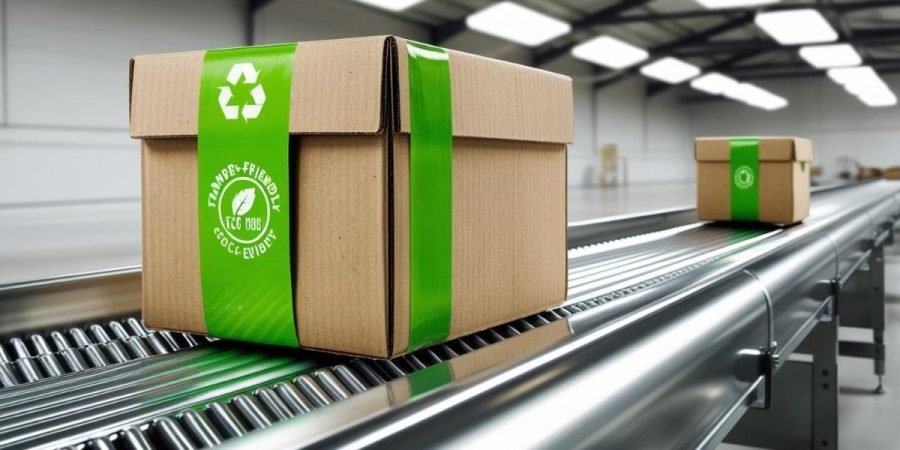 caja reciclada Embalaje ecológico reciclado en proceso logístico automatizado.