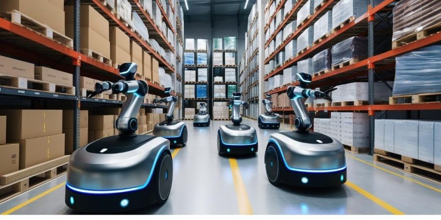robots almacen Robots autónomos en almacén optimizando procesos logísticos.